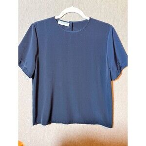 SWEETBRIAR Women's Navy Blue Silky Short Sleeve Top Blouse Keyhole Back